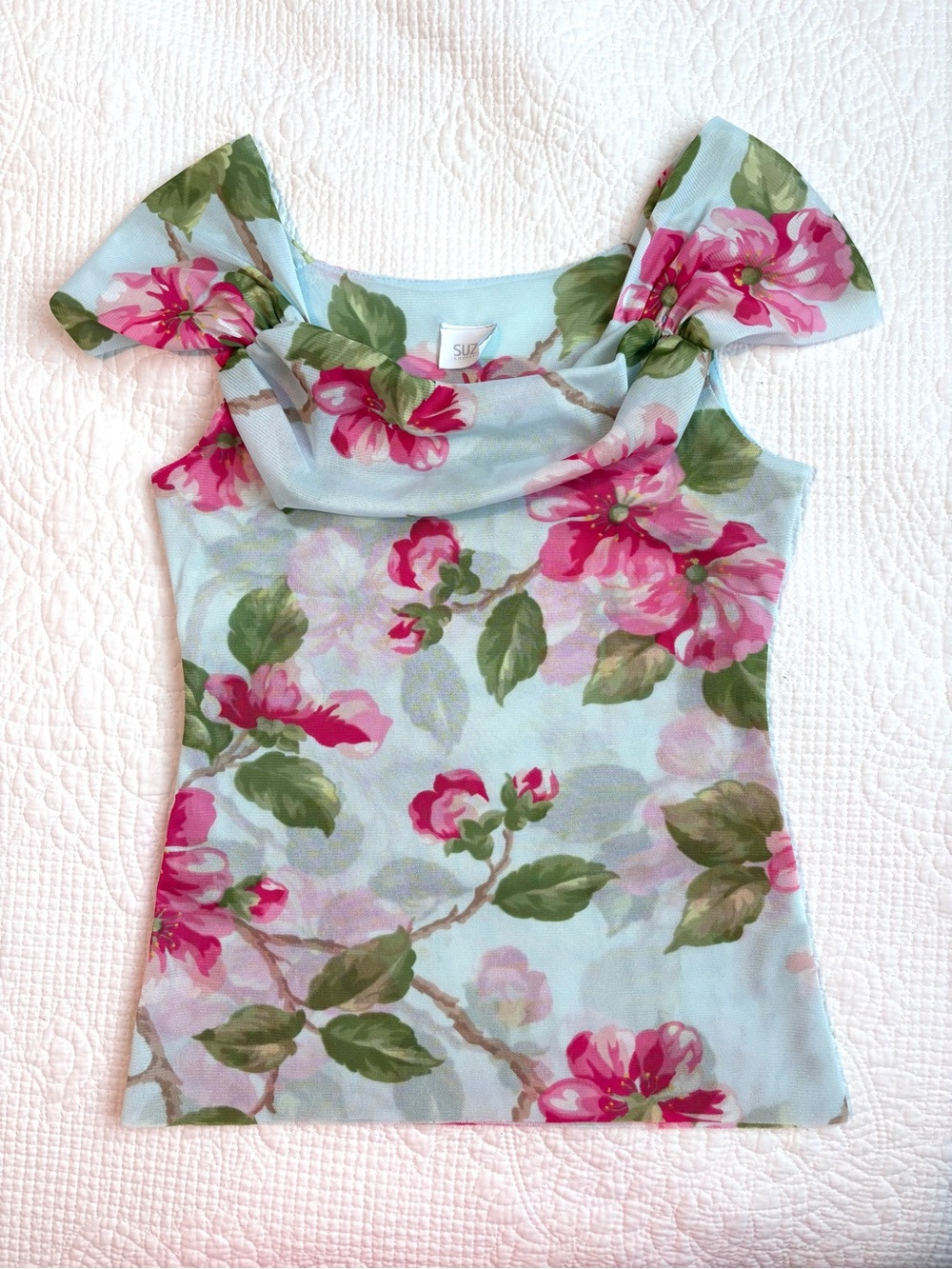Vintage Y2K Off-Shoulder Cap Sleeve Cowl Neck Light Blue Floral 90s Mesh Top